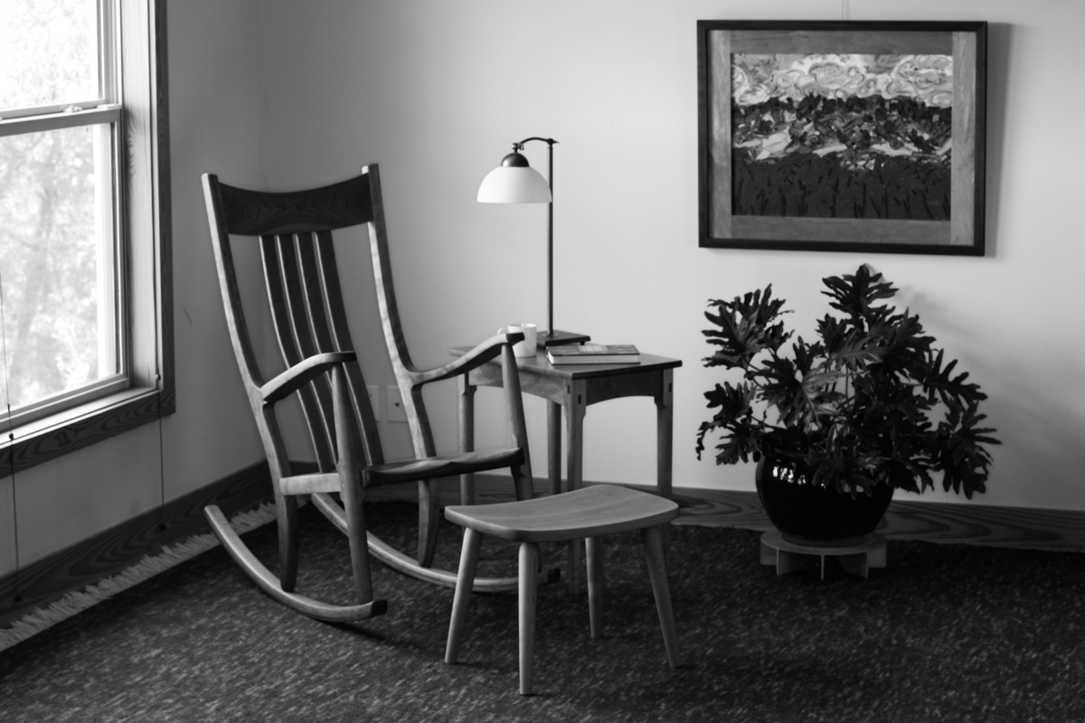 Rocker, Footstool, Side Table in Setting B&W